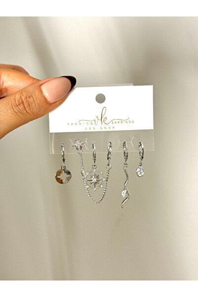 YOUES JEWELRY ÇELİK KADIN 6'LI KÜPE SETİ GÜMÜŞ RENK SİLVER