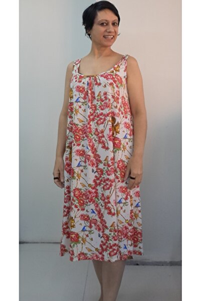 Mertcan Butik Red Floral Squirrel Bird Patterned Front and Back Drawstring Suspender Combed Viscose Dress