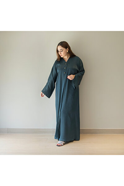 LINELLE عباية نسائية بلون أزرق مخضر داكن مزخرفة بأزرار زخرفية