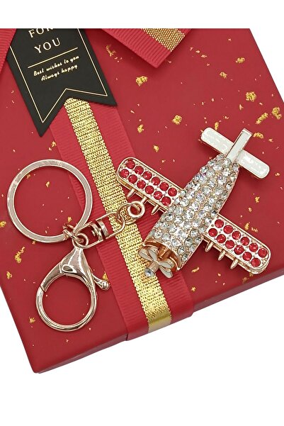 Dünyadan Hediyeler Crystal Stone Red Winged Airplane Keychain No.2