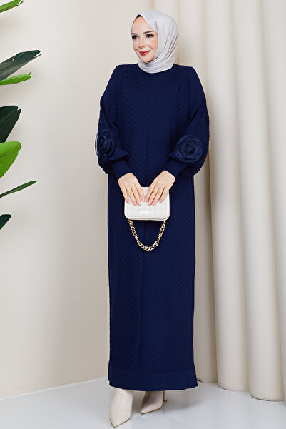 Pamuk Butik Women's Mercerized Knitwear Dress with Rose Detail on the Sleeves