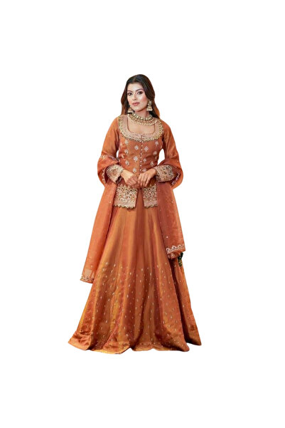 MYSMAR طقم تشولي ليهينغا من الحرير البرتقالي - HRT1615 | برتقالي