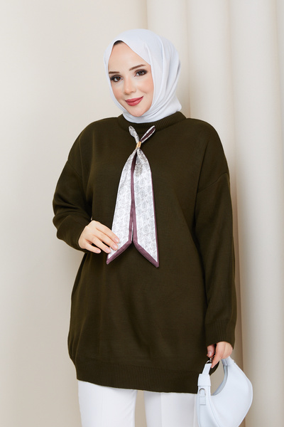 Pamuk Butik Women's Crew Neck Scarf Knitwear Tunic