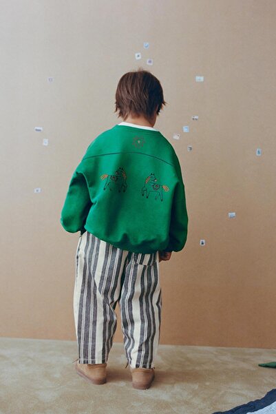 Magu Unisex Kids Green Horse Embroidered Oversized Sweatshirt and Striped Pants Set