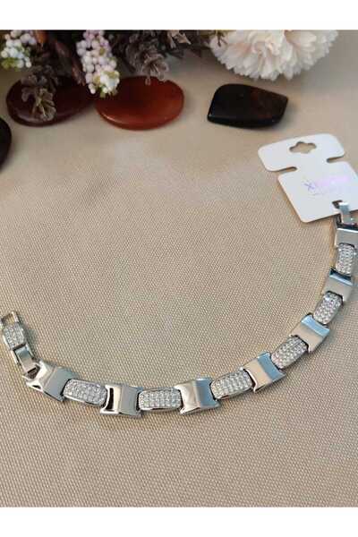 Bilge Takı Vip Silver Color Zircon Stone Steel Bracelet with Detachable Addit...