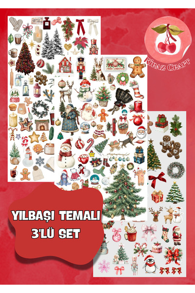 Kiraz Craft Yılbaşı Temalı 3'lü Sticker Set - Etiket Ajanda Tablet Laptop Sul...