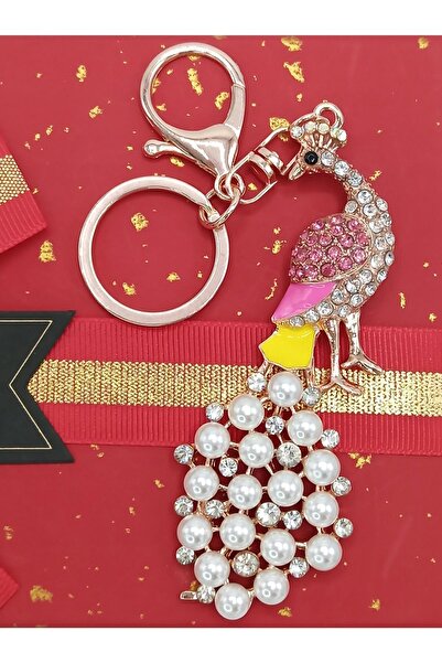Dünyadan Hediyeler Crystal Stone Fuchsia Peacock Keychain No.3