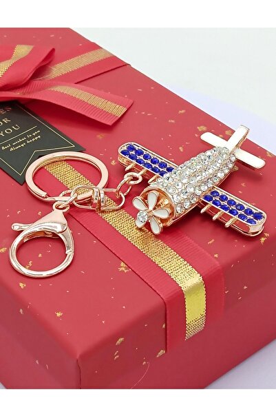 Dünyadan Hediyeler Crystal Stone Navy Blue Winged Airplane Keychain No.3