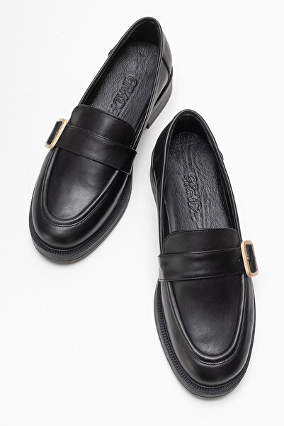 GRADA Kadın Hakiki Cilt Deri Siyah Loafer Ayakkabı Bantlı Loafer Siyah Organi...