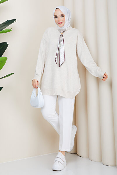 Pamuk Butik تونيك نسائي من التريكو بياقة دائرية مع وشاح