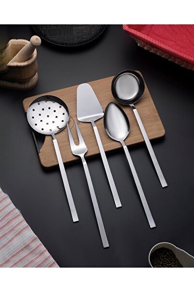 Yüsra Shop 5 Parça Kevgir Kepçe Çatal Servis Kaşığı Ve Spatula Paslanmaz Günl...