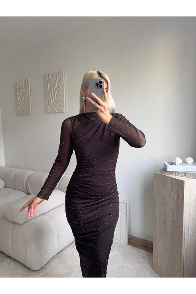 Zora Butik Drapeli Taşlı Tül Elbise - KAHVE