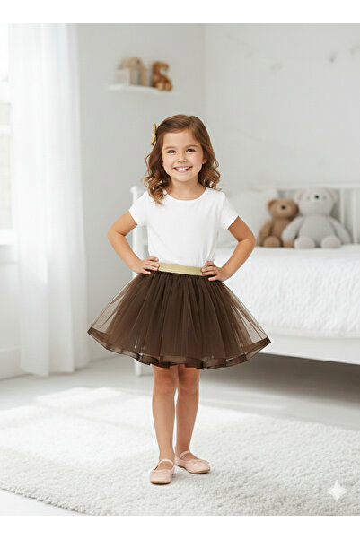 Dudese Kız Çocuk Kahverengi Tütü Etek Simli Altın Bel Detaylı