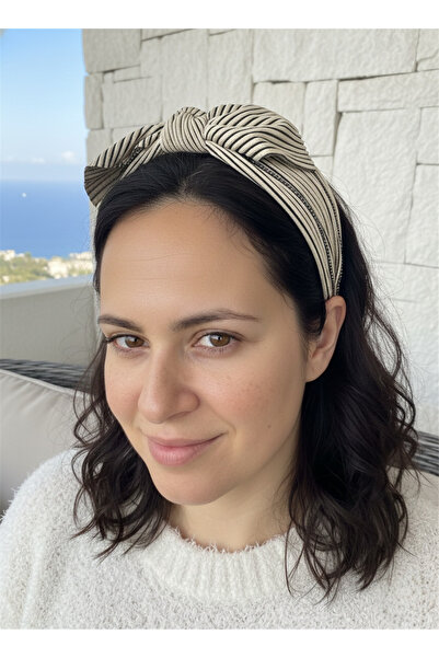 Pelin Aksesuar Coroană cu fundă cu dungi de piatră în dungi bej