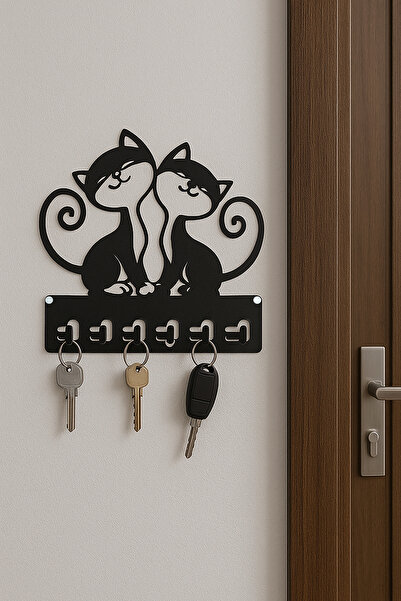 Baykush Metal Dekoratif Kedi Desenli Anahtarlık Askısı Antrasit