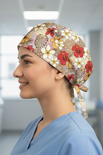 Lion Üniforma Çiçek Yaprak Fuşya Desenli Cerrahi Bone Unisex – Likralı Doktor...