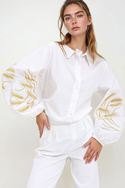 bacc Women's White Sleeves Embroidered Poplin Woven Shirt Bchesq-251033