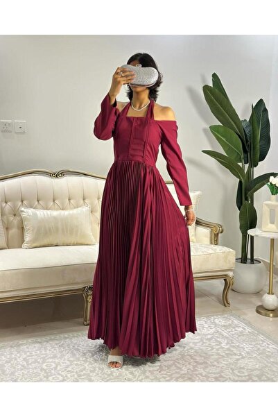 vanus fashion 6239- Luxurious burgundy dress with a pleated design