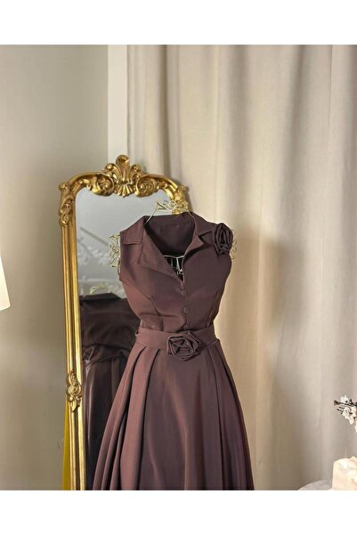 vanus fashion 5713 -فستان ميدي بني بوردة جميلة