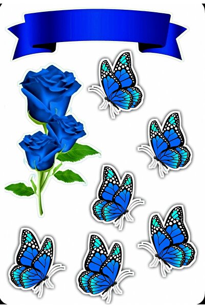 BENİMSER REKLAM Blue Rose and Butterfly Sticker Set – 22X30 cm – Shiny & Wate...