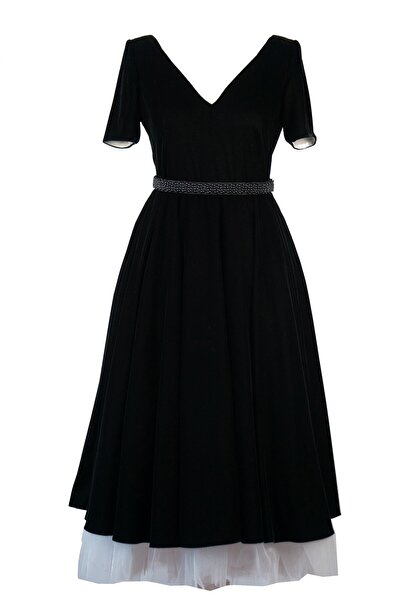 ambar studio Rochie midi elegantă Joanne din catifea neagră și tul alb