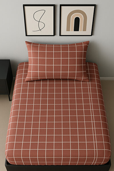 GOOD MORNİNG PAMUKKALE ملاءة سرير مطاطية بنمط مربعات فردية + غطاء وسادة