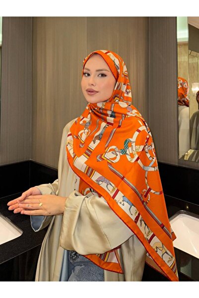 Dolce Chain Patterned Silk-Look Shawl – Satin Shiny Scarf, Modern Design