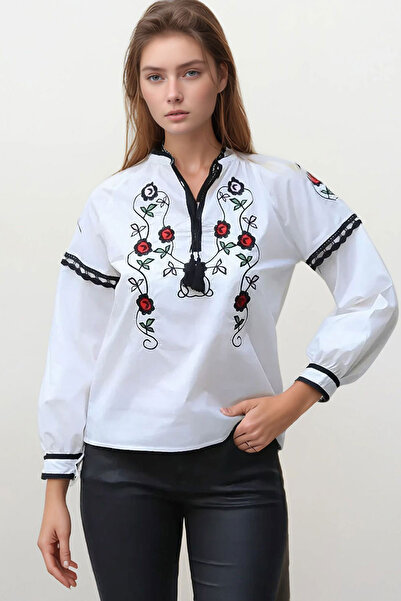 bacc Bluză albă pentru femei, cu broderie în față, cu ciucuri, țesută BCHESQ-...