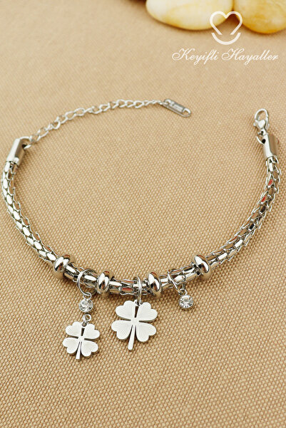 Keyifli Hayaller Çelik Bileklik - Zirkon Taşlı 4 yapraklı Yonca 316L Çelik Kararmaz Trend Çelik Bileklik 17+5 cm