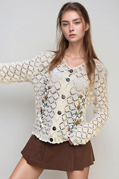 bacc Women's Ecru Embroidered Lace-Like Knit Knitwear Cardigan Bchesq-251028