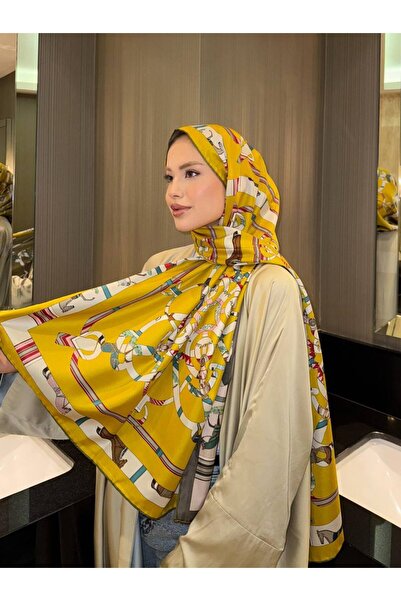 Dolce Chain Patterned Silk-Look Shawl – Satin Shiny Scarf, Modern Design