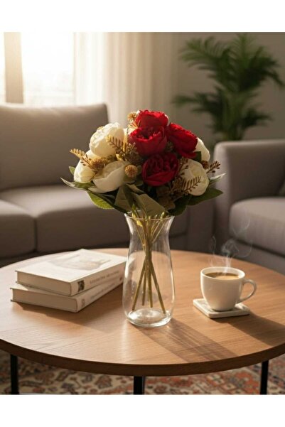 ENRUFLORA Kırmızı Beyaz Şakayık 2'li Ev Vazo Dekor Salon Aranjman Sevgililer Günü Özel Günler