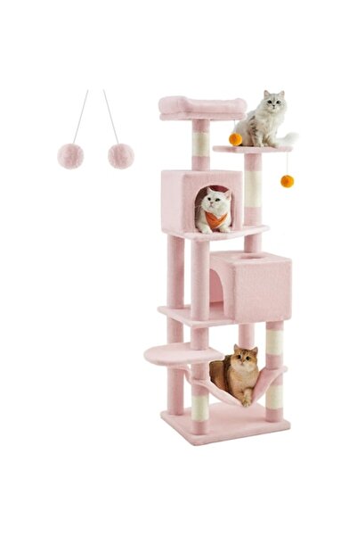 NEXTWAVE Turn de joacă pentru pisici 155 cm - 3 niveluri, 2 căsuțe, 2 platforme, 5 stâlpi de zgâriat, roz