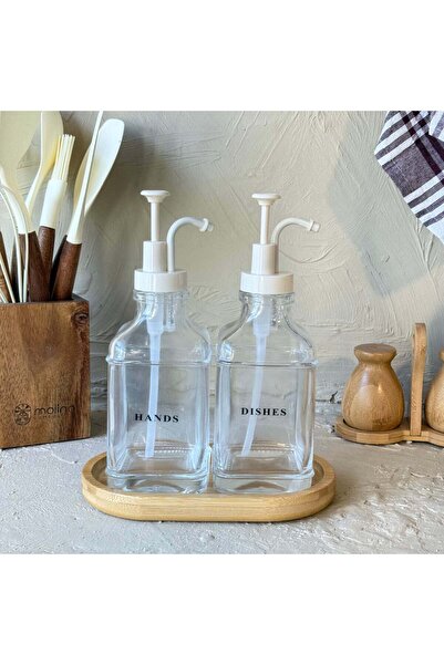 Evanev Arow Gael Model Kare Bambu Oval Standlı İkili Cam Sıvı Sabunluk Seti k...