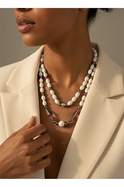 COCOSH TAKI White Grey and Silver Bonxuklu Multi-Design Style Necklace