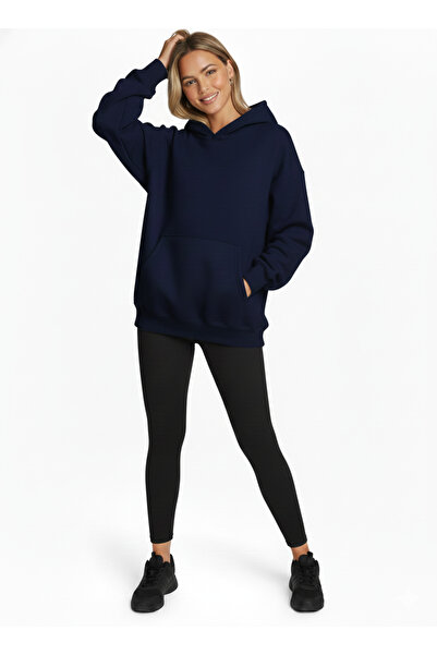 LUMİZA سويت شيرت نسائي ذو لون أزرق داكن أساسي قصة فضفاضة بغطاء رأس