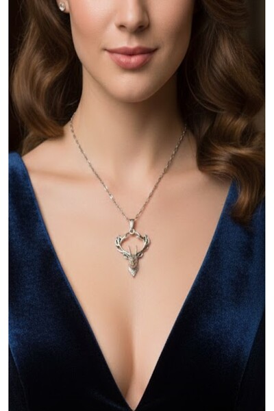 KANERUZ Gümüş Renk Geyik Kolye Yılbaşı Hediyesi