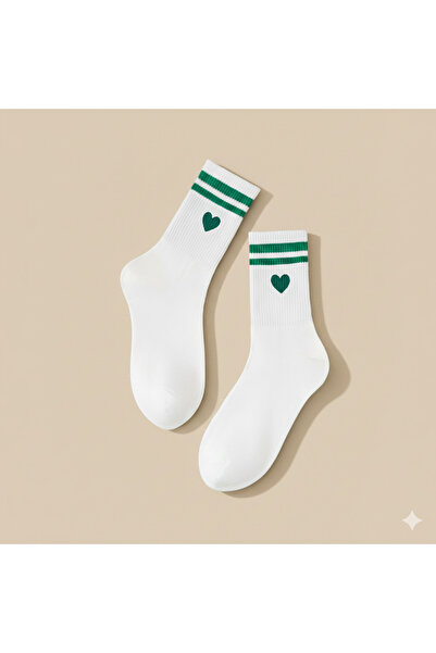 Comfy Co Kalp İşlemeli Şeritli Kolej Modeli Yeşil Renk Tenis Çorap