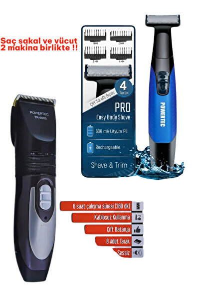 POWERTEC TR-6500 Yedek Bataryalı Şarjlı Tıraş Makinesi + TR-650 Body Groom Sakal Vücut Kıl Tüy Tıraş Makinesi