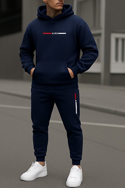 PAVRO Set de trening Swea tricou Jogger - supradimensionat cu căptușeală din fleece kıng cu imprimeu cu glugă