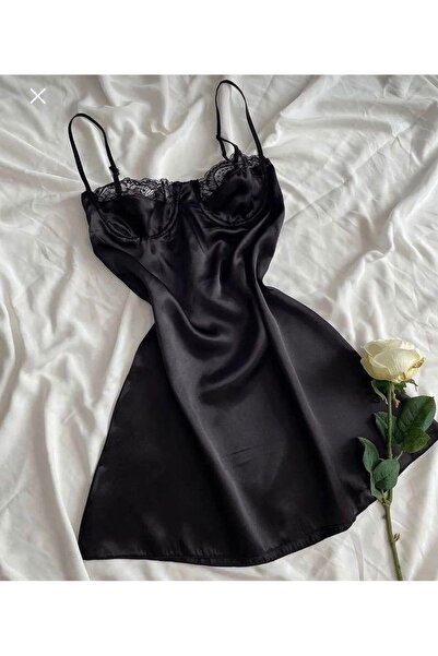 HAMA LOVE Kadın Siyah Saten Gecelik