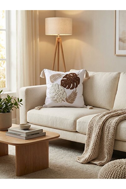 MACASA Bohemian Style Single Punch Embroidered 100% Cotton White Fabric Handmade Tassel Detailed Throw Pillow Cover