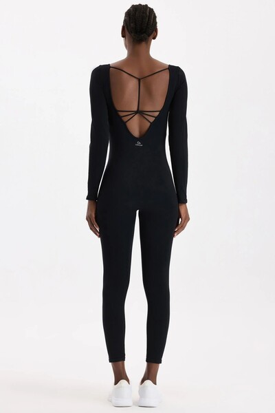 COMEUP Sırtı Açık Uzun Spor Tulum Siyah