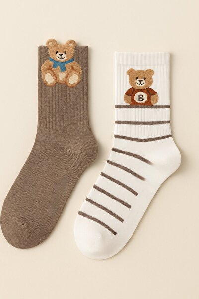 Katia&Bony Women's Teddy Bear Patterned 2-Piece Socks Ecru-Brown