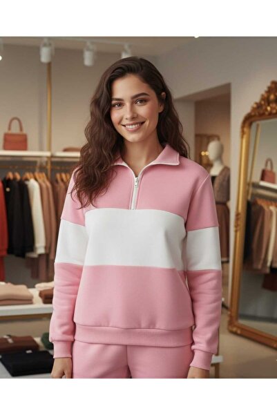 LiyAdaCo Unisex Pink-White Plain Half-Zip Polo Neck Sweatshirt