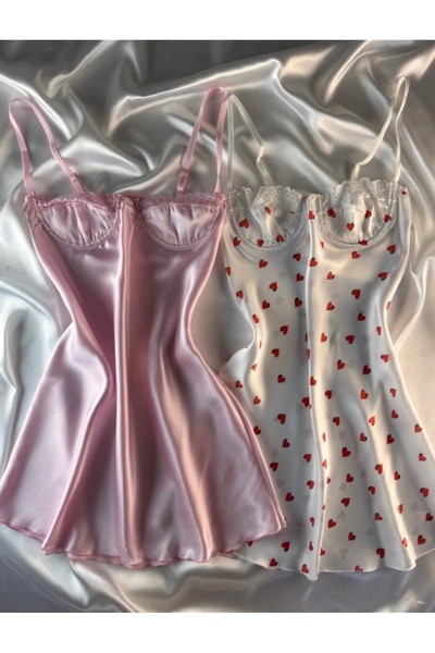 HAMA LOVE Kadın Pembe - Beyaz Kırmızı Kalpli Saten Gecelik