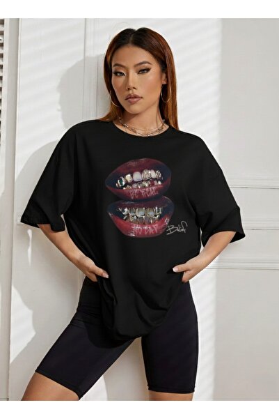 one button Μπλουζάκι Unisex Lip Design με στάμπα Basic Crew Neck Regular, 100...