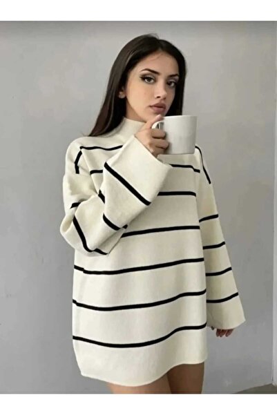 LUVON White Oversized Striped Half Fisherman Women's Knitwear Tunic Sweater