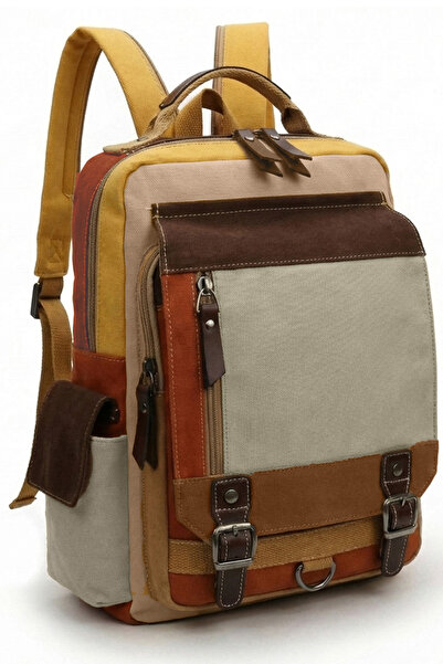 Cappadocia Vintage 4012 Cream Caramel Daily Postman Small Backpack with Cross Shoulder Strap 14 Inch Laptop Cotton Gabardine Bag