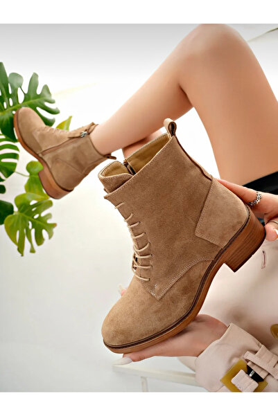 Yılmaz Exclusive KADIN GÜNLÜK HAKİKİ DERİ BEJ SÜET BAĞCIKLI YANDAN FERMUARLI ...